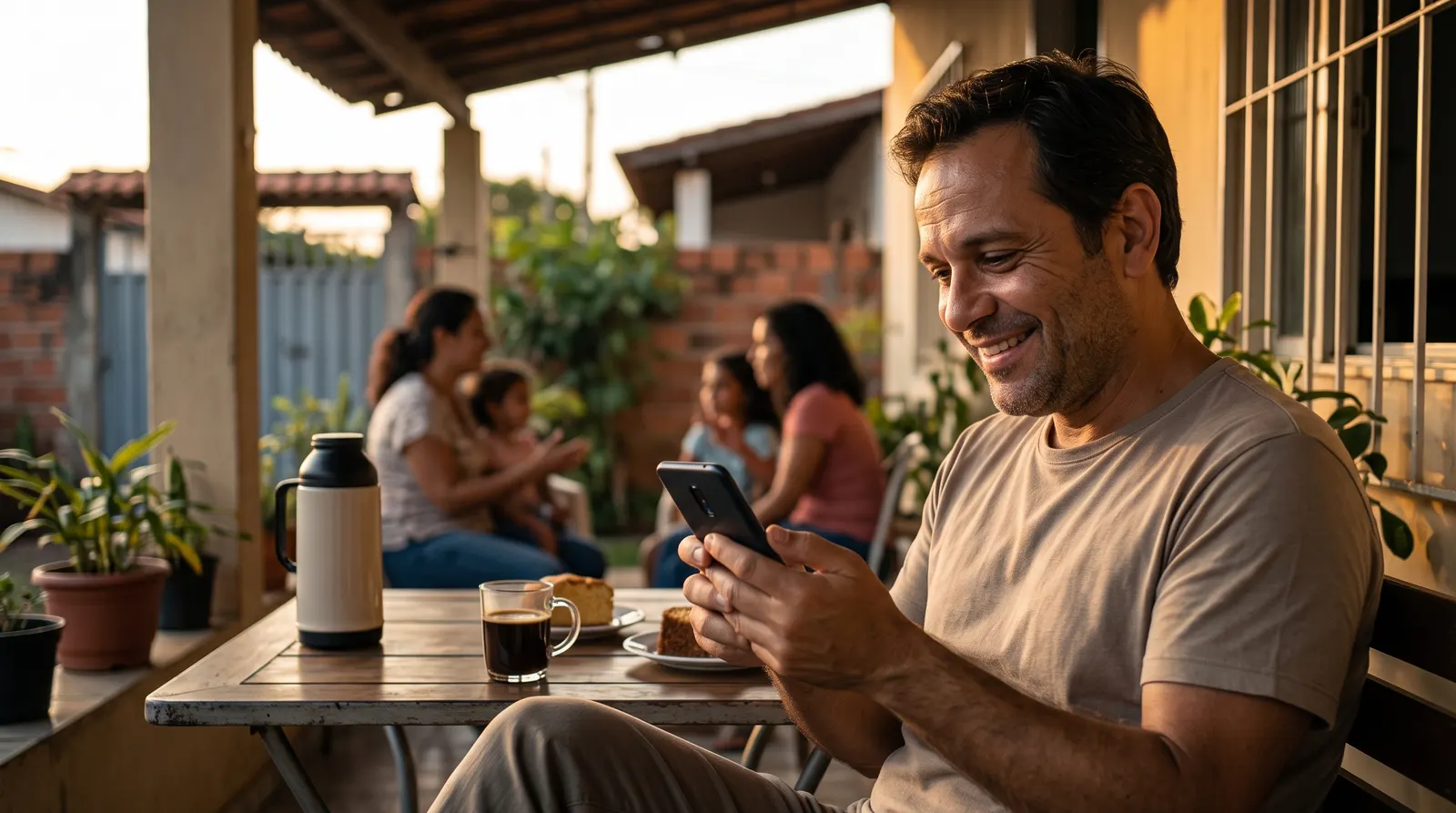 Dono de negócio sorrindo, tomando café com a família enquanto olha uma notificação no celular